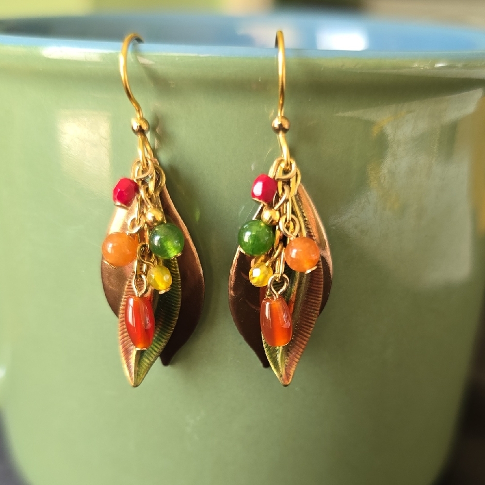 Silver Forest Gold Leaf Earrings with Multicolor Beads